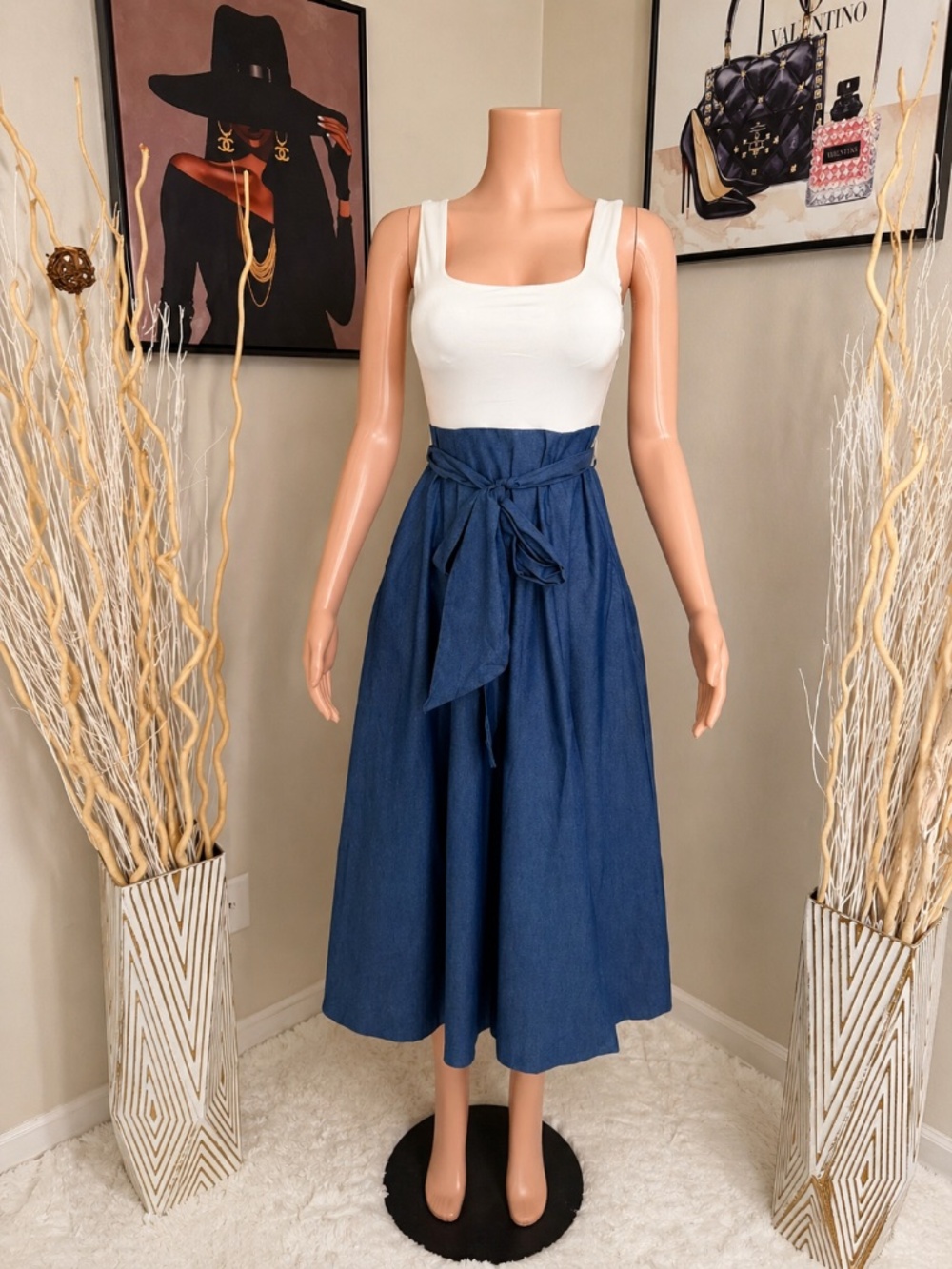 Women’s White & Denim Colorblock Midi Dress Tie Waist A-Line Casual Chic Dress - Picture 2 of 2